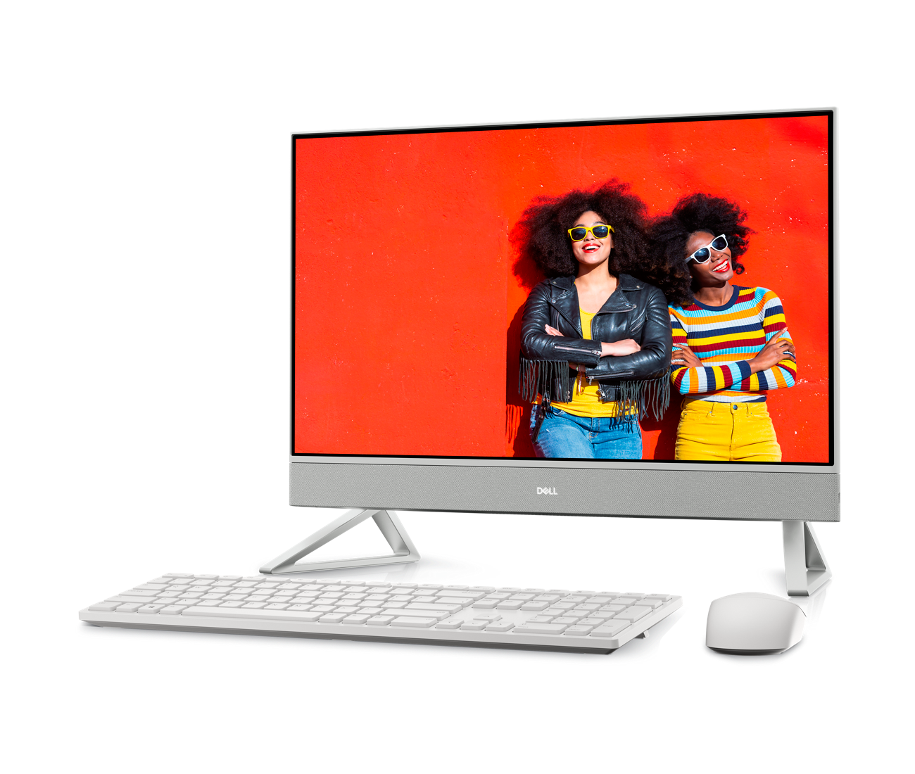 diapositiva 1 de 6, aumentar tamaño, imagen de una dell inspiron 24 5410 todo en uno blanca con dos mujeres usando lentes de sol en la pantalla del monitor.