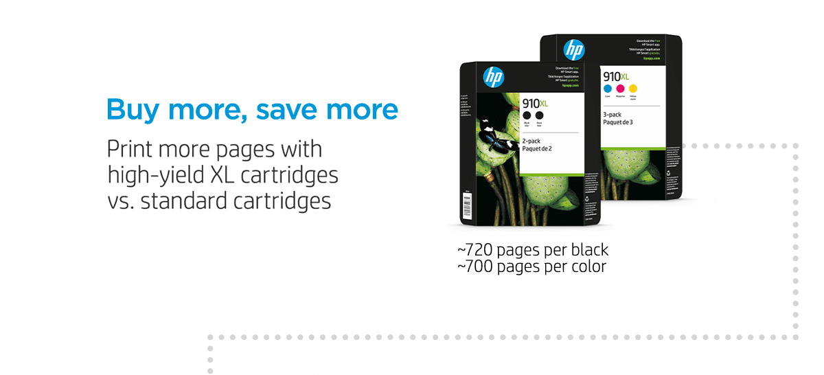 Buy more, save more when you print more pages with high-yield XL cartridges vs. standard cartridges: The 910XL Black 2-pack (2 XL Black) and the 910XL cmy 3-pack (1 XL cyan, 1 XL magenta, 1 XL yellow) get ~720 pages per Black & ~700 pages per Color.