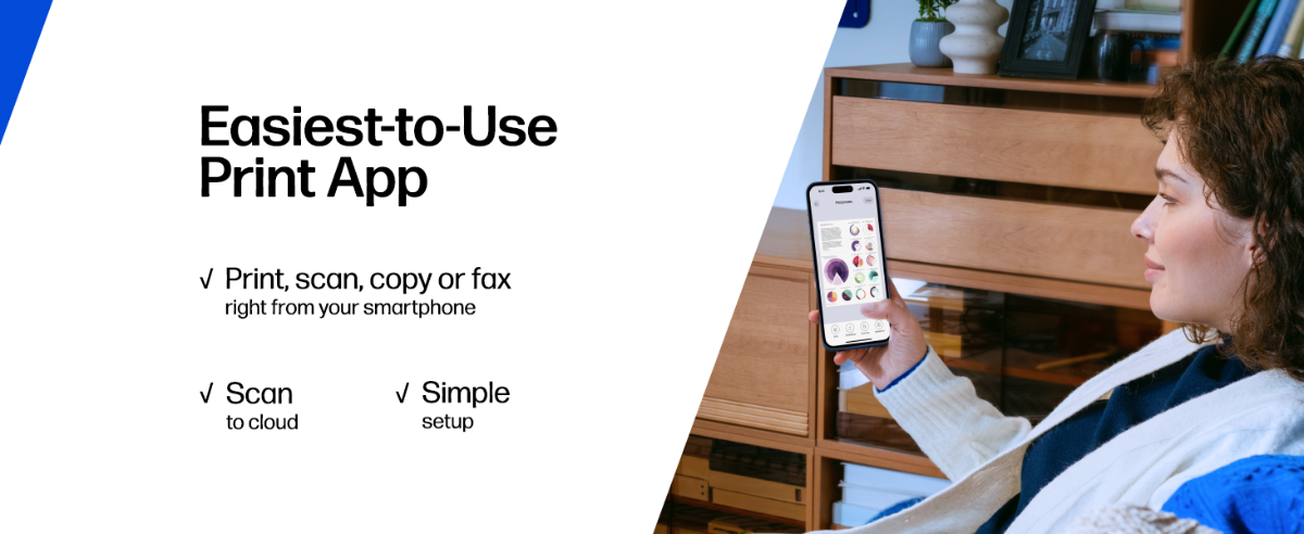 A person uses a smartphone app to manage printing and scanning tasks
