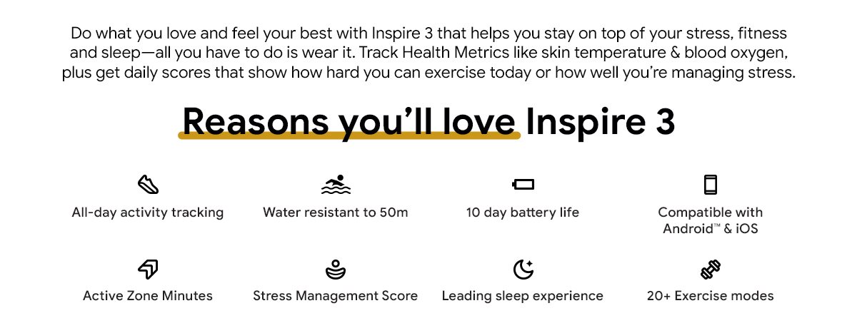  Fitbit Inspire 3 Health &-Fitness-Tracker with Stress  Management, Workout Intensity, Sleep Tracking, 24/7 Heart Rate and more,  Morning Glow/Black, One Size (S & L Bands Included) : Sports & Outdoors
