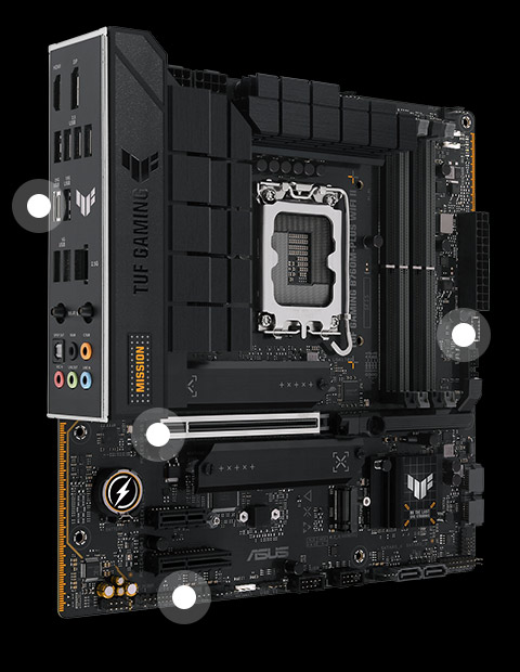TUF Gaming Mainboard Frontansicht, 60 Grad, mit I/O-Ports