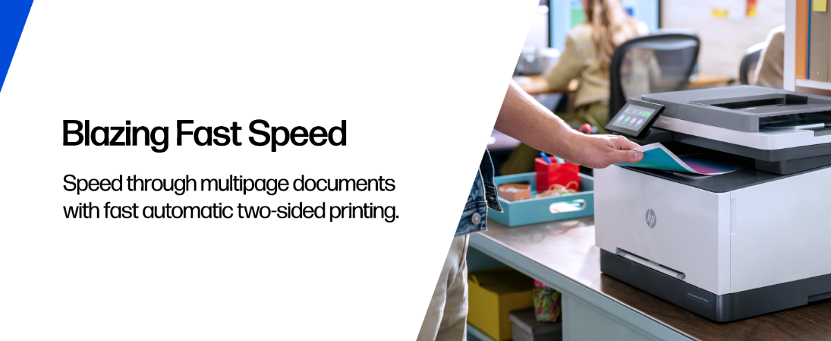 A person retrieving a colorful print from an HP color laser printer.