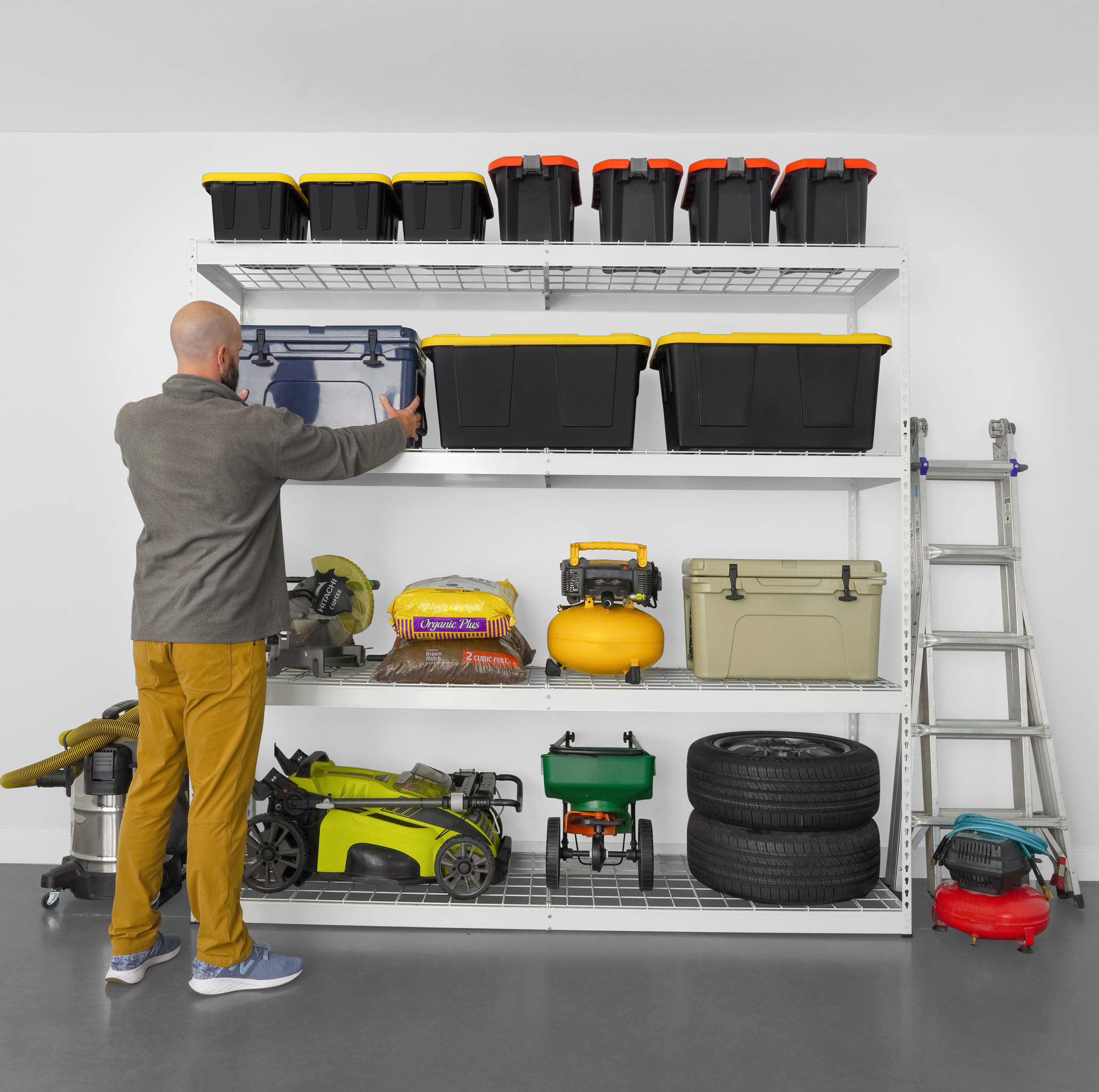 slide 2 of 10, show larger image, saferacks freestanding garage shelving filled with 27 gallon bins, large tools, coolers, and more.