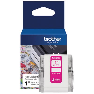 CK1004 1" label roll in front of packaging on white background