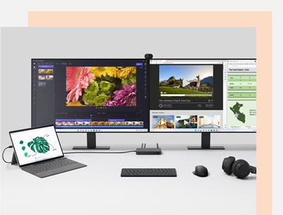 Two monitors connected to Surface Thunderbolt 4 Dock, Surface Pro 9 with other accessories