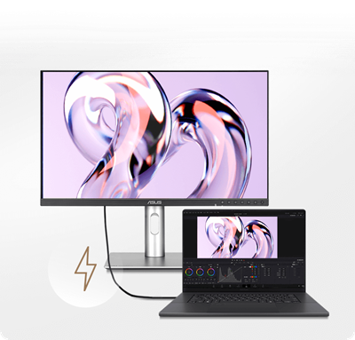 an image of a laptop connected to a monitor via a single USB-C cable. A vibrant image is displayed on the monitor.