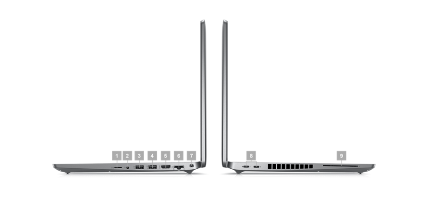 Imagen de dos laptops Dell Vostro 15 5530 colocadas de lado con números del 1 al 9 que indican los puertos del producto.
