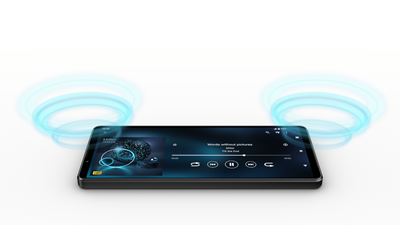Xperia 1 IV displaying music playing interface with illustrated blue sound waves emanating from its Full-stage stereo speakers