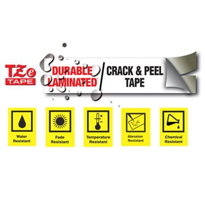 TZe Tape logo with text reading "Durable Laminated Crack & Peel Tape", "Water Resistant", "Fade Resistant", "Temperature Resistant", "Abrasion Resistant", and "Chemical Resistant"