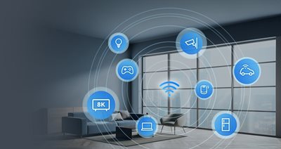 Smart home device icons circling a Wi-Fi symbol.