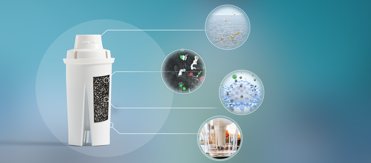 Cutaway view of filter showcasing internal components and benefits