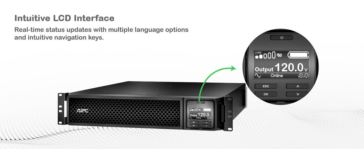 APC Smart-UPS On-Line SRT1500RMXLA-NC with LCD screen zoomed in