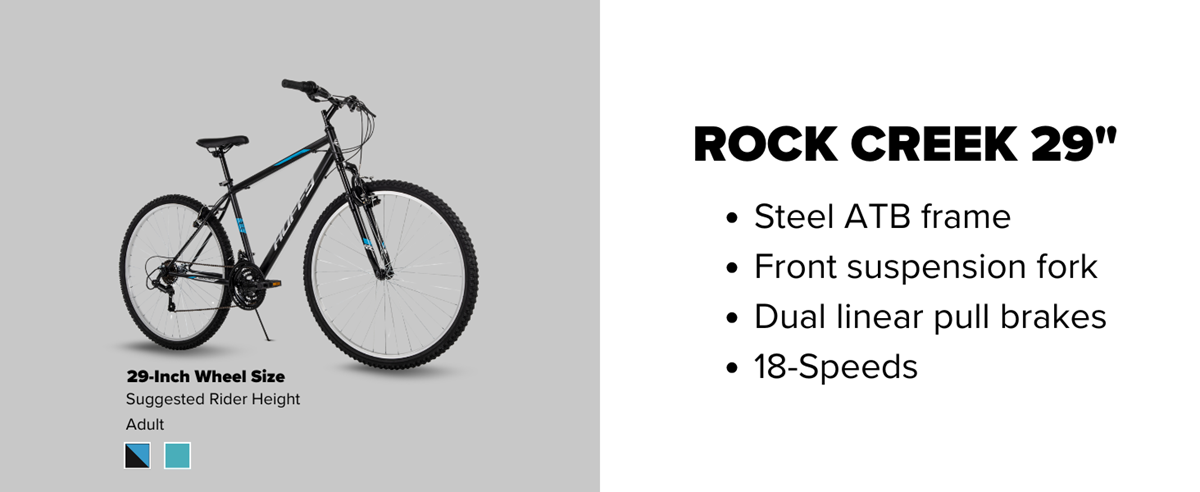 29 Inch size specifications of the Huffy Rock Creek including the build, brakes, speeds, and colors
