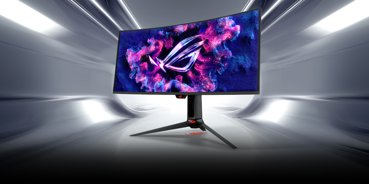 Futuristisches Desktop-Setup mit einem ROG OLED-Monitor, der leuchtend pinke und blaue Grafiken anzeigt, umgeben von Gaming-Zubehör und einem weißen PC-Gehäuse in einem lila beleuchteten Raum. Neben dem Bildschirm steht in fetter Schrift "Einer für alle".