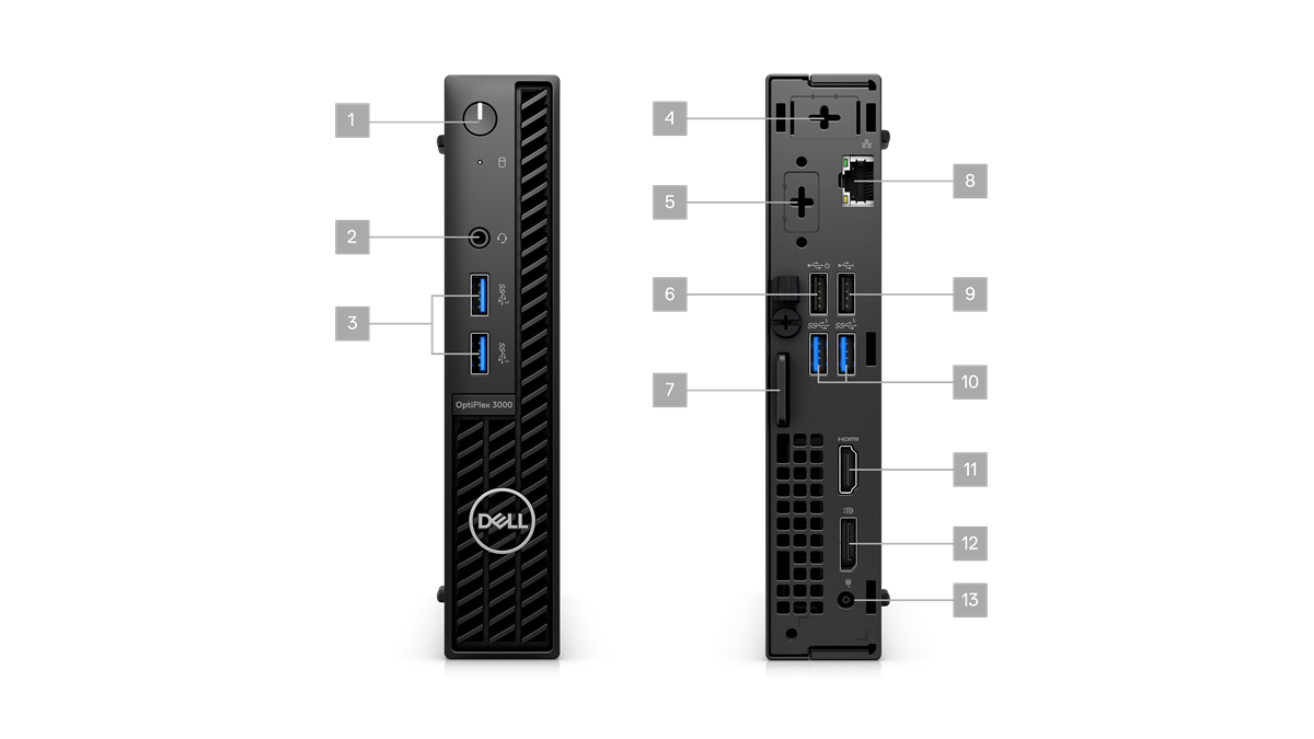 Picture of two Dell OptiPlex 3000 Micro Desktops, one from the front and one from the back and numbers signaling the 13 ports.