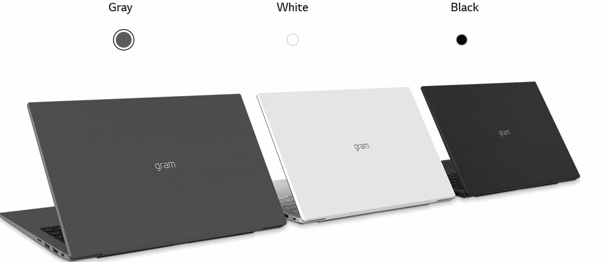 Three LG gram laptops are lined up diagonally.