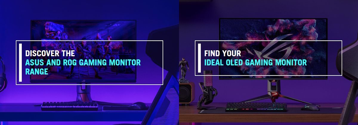 ROG gaming setup with a PC, monitor, keyboard, mouse, and headset./ROG gaming setup with a PC, monitor, keyboard, mouse, and mic. (Opens in new window)