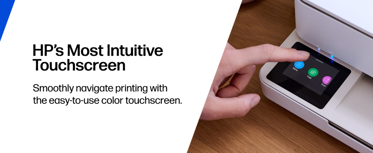A person uses the color touchscreen on an HP printer.
