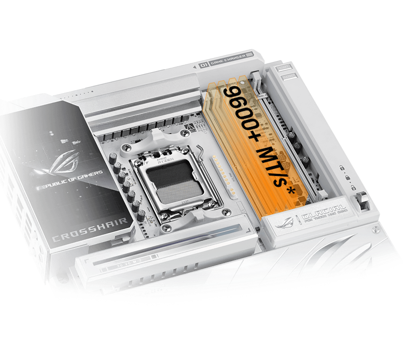 Mit dem ROG Crosshair X870E Glacial kannst du den Arbeitsspeicher auf bis zu 8600+ MT/s übertakten