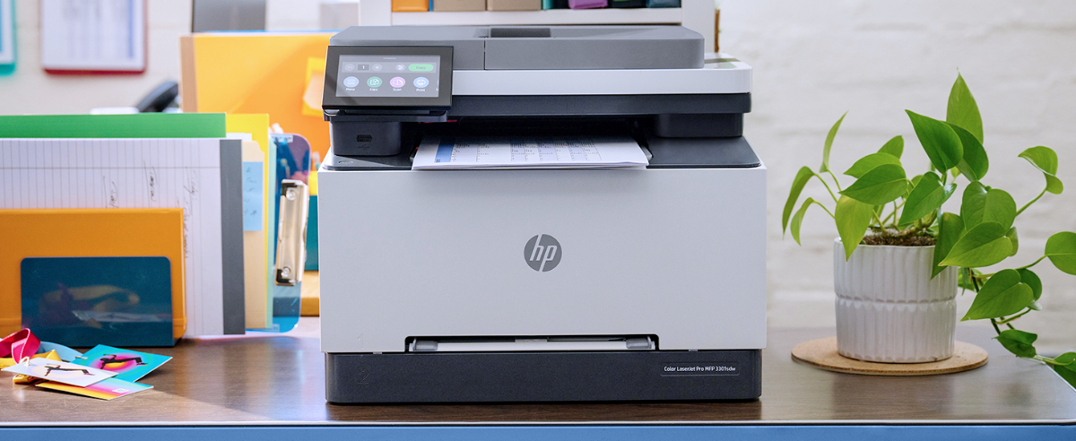 An HP Color LaserJet Pro MFP 3301fdw printer outputting a document in an office.