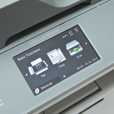Close-up of printer's color touchscreen, showing basic function buttons, Wi-Fi, menu, and settings buttons, and displaying time and date