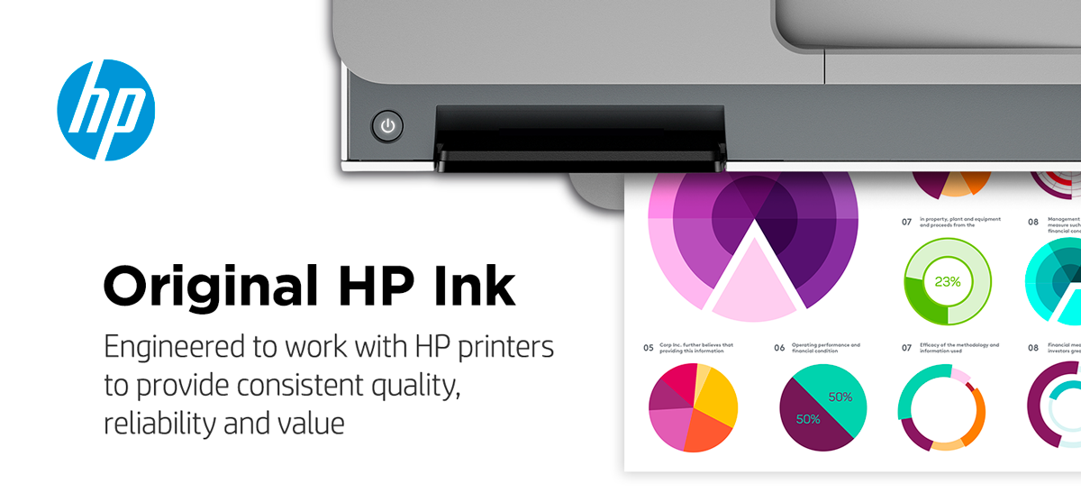 The image shows a section of an HP printer ejecting a printed page with colorful pie charts and data visualizations. The accompanying text reads “Original HP Ink: Engineered to work with HP printers to provide consistent quality, reliability, and value.” The HP logo is displayed on the left side of the image, and the printout shows vibrant colors and crisp graphics, illustrating the high-quality printing capability of HP ink.