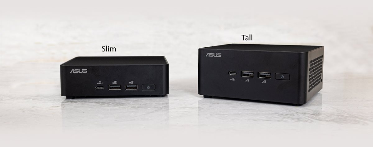 ASUS NUC 14 Pro product photos showing front views of slim and tall versions