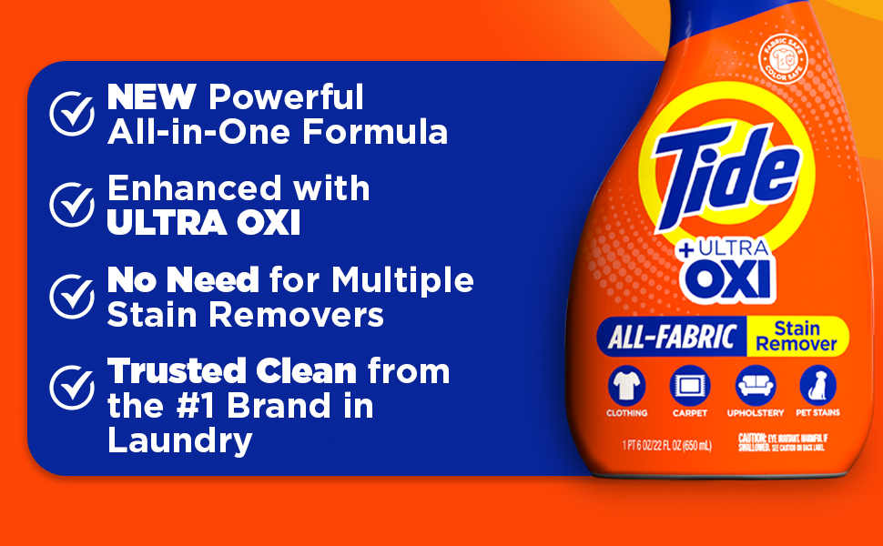 New Powerful All-In-One Formula, Enhanced with ULTRA OXI, No Need for Multiple Stain Removers, Trusted Clean from the #1 Brand in Laundry