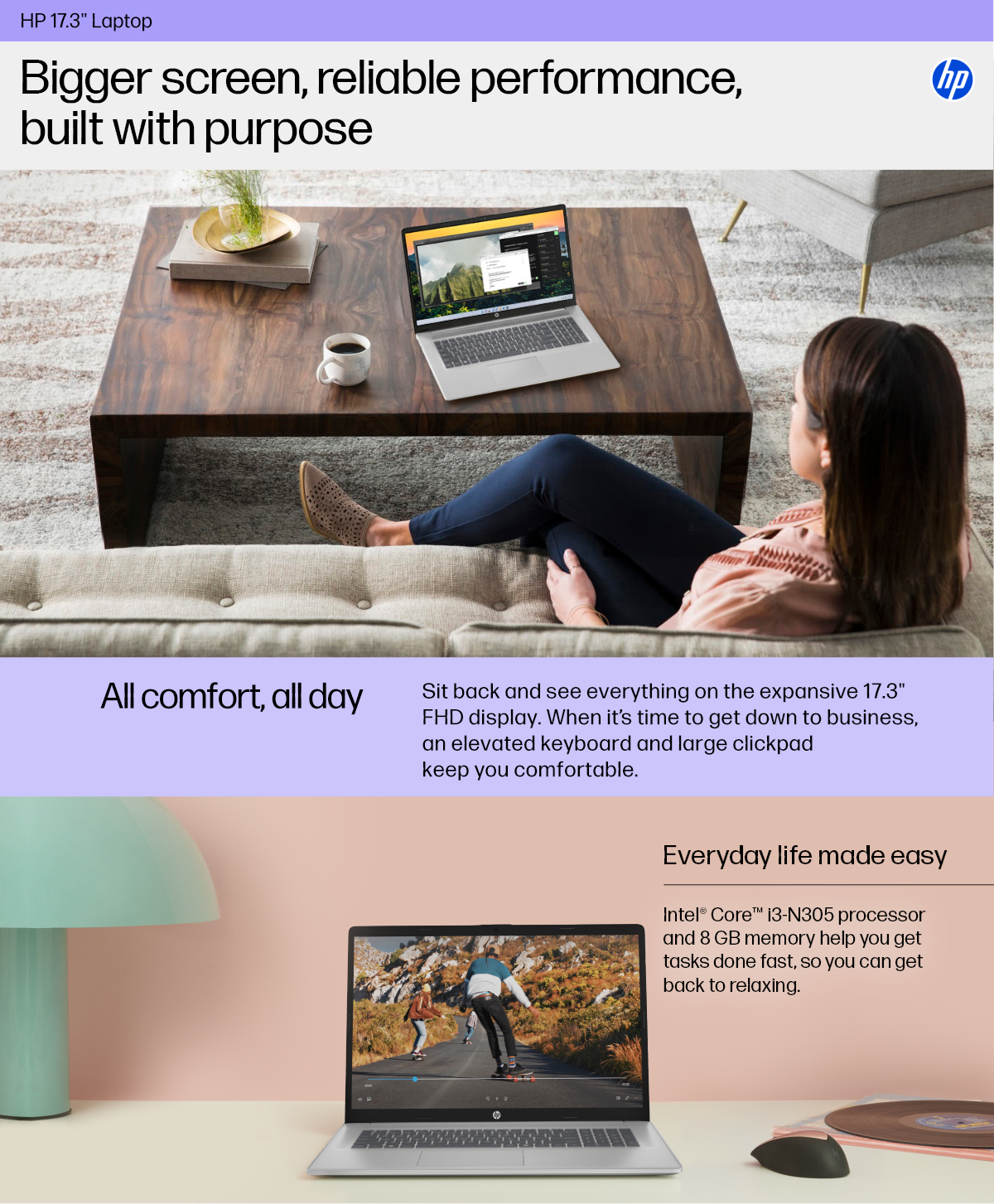 Woman looks at her HP 17" Laptop on coffee table. HP 17-inch laptop shows video.