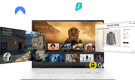 Laptop screen showing multiple streaming services and VPN provider logos including NordVPN, Surfshark, and CyberGhost