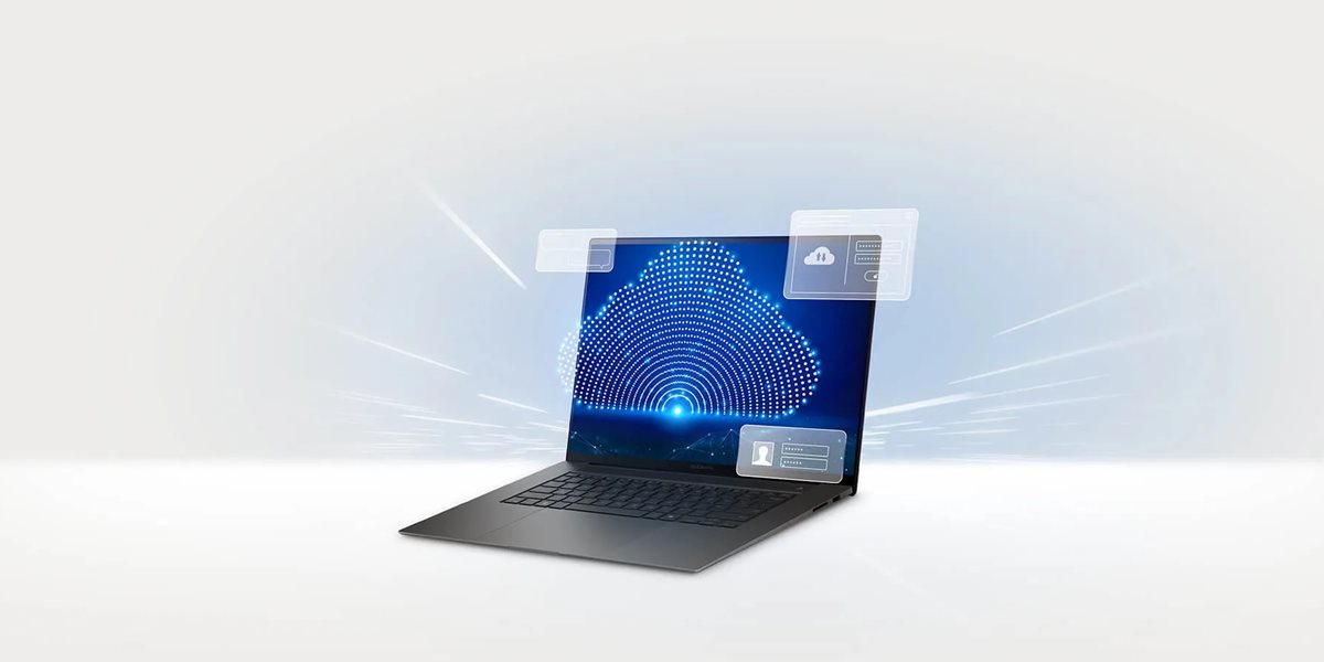 A laptop displaying a digital security interface with cloud icon.