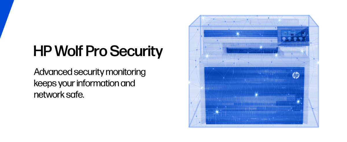 An HP printer protected by a digital security shield.