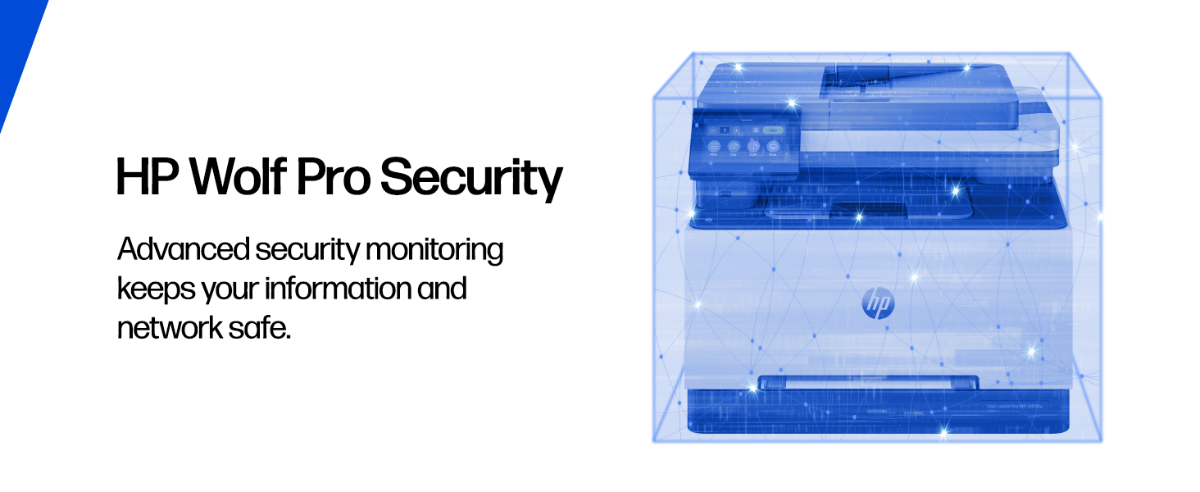 An HP printer protected by a digital security shield.