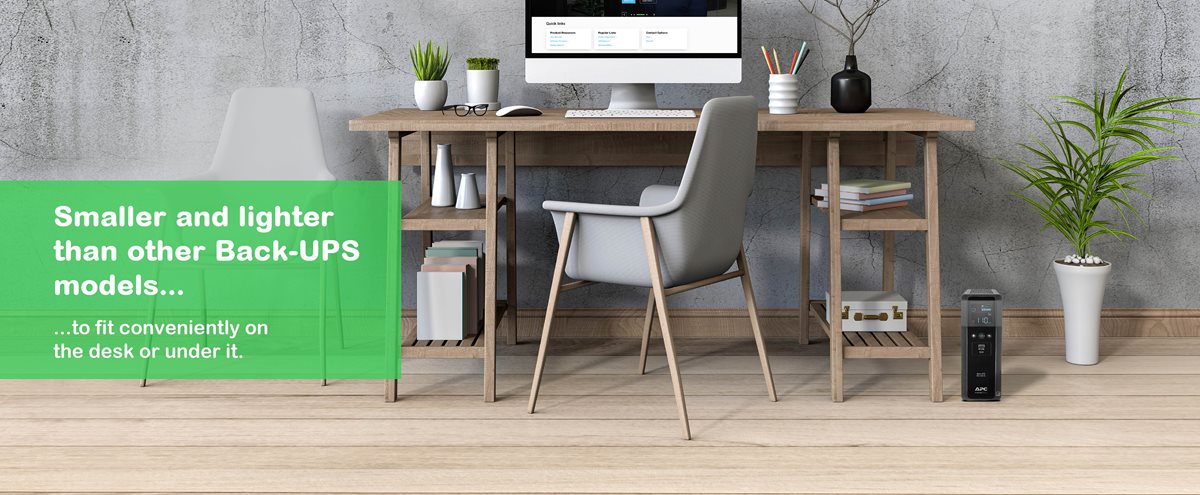This Back-UPS model is smaller and lighter than previous versions and can fit neatly into a small home office setup.