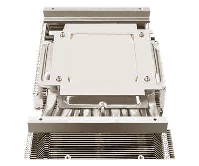 Angled view of a thermal module with heat pipes and vapor chamber