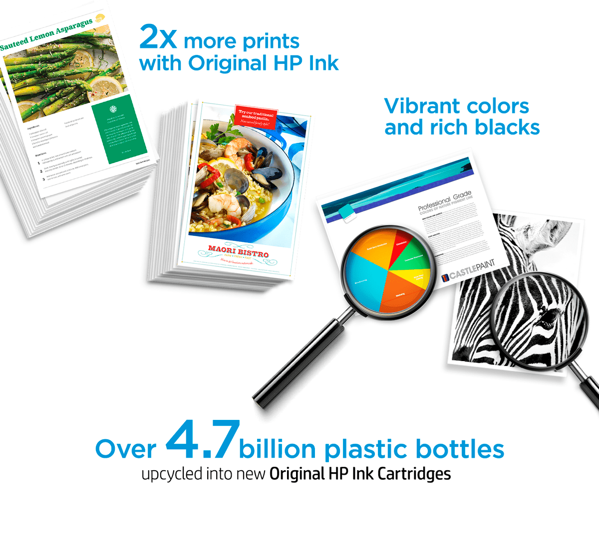 You get 2x more prints with Original HP Ink with vibrant colors and rich blacks. There have been over 4.7 billion plastic bottles upcycled into new Original HP Ink Cartridges.