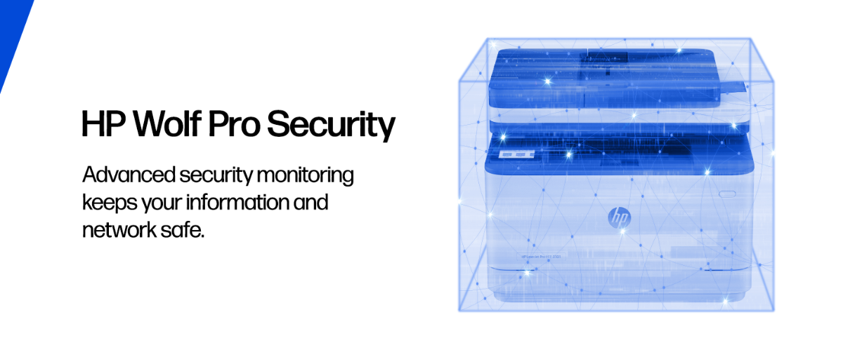 An HP LaserJet Pro MFP 3101 printer protected by a digital security shield.