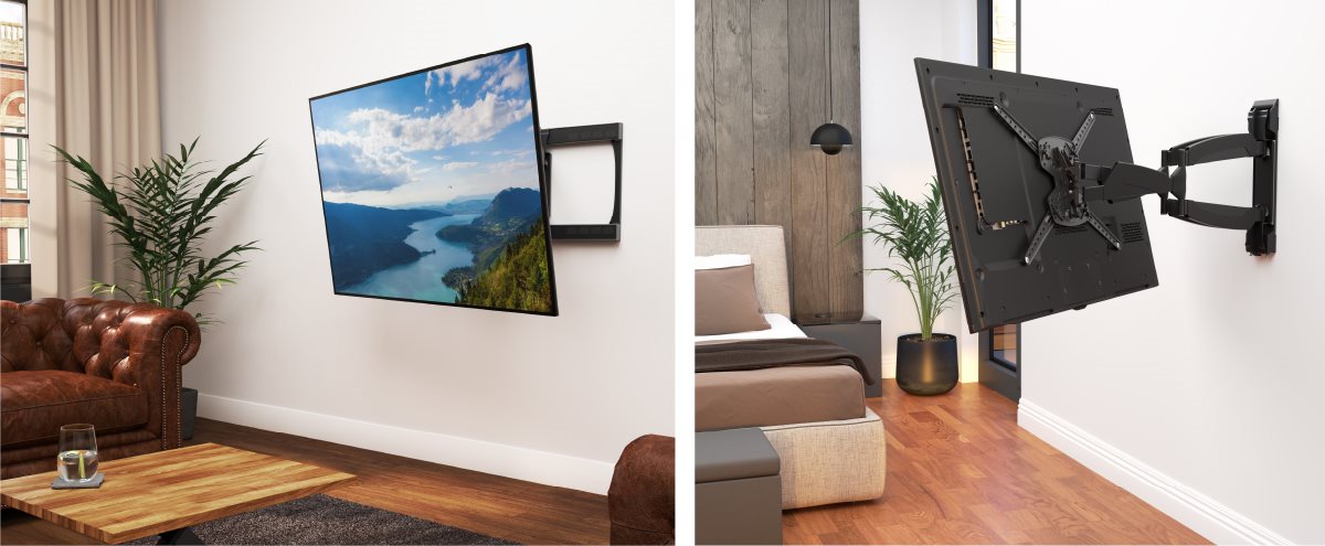 A TV mounted on the wall of a modern living room, pulled out from the wall and facing the camera, next to a modern bedroom where a smaller TV is mounted to a single wall stud, and adjusted to face the bed, perpendicular to the wall.