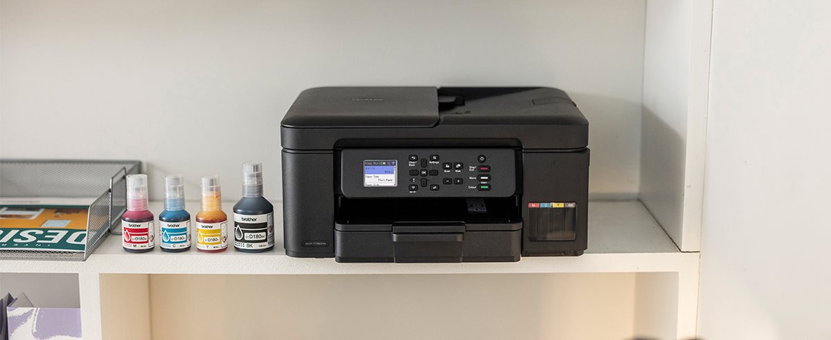 Brother DCP-T780DW on a shelf in a home office environment