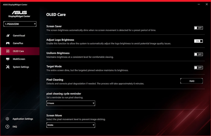 ASUS DisplayWidget Center UI showing OLED protection features such as the screen saver, pixel cleaning, and screen move.
