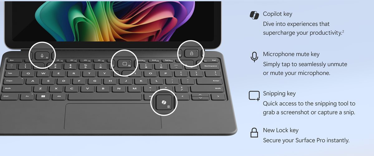 Copilot key. Dive into AI experiences by tapping the Copilot key or quickly secure Surface Pro with the new lock key.Microphone mute key. Simply tap to seamlessly unmute or mute your microphone.Snipping key. Quick access to the snipping tool to grab a screenshot or capture a snip.New Lock key. Secure your Surface Pro instantly.