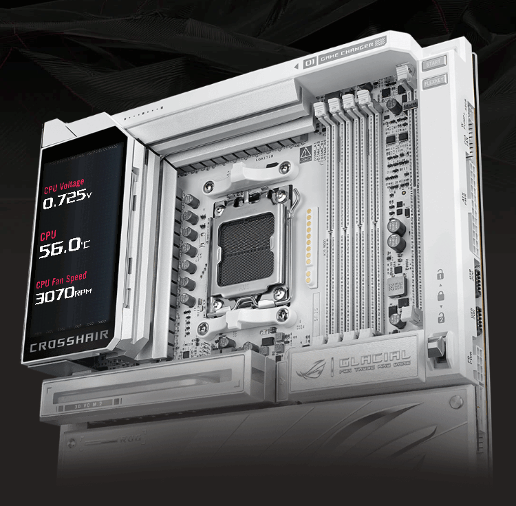 The ROG Crosshair X870E Glacial features a full-color 5-inch LCD screen