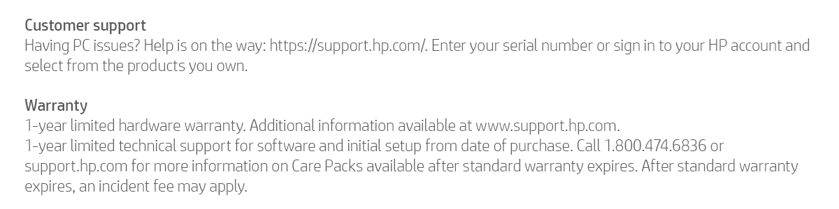 Text against white background detailing customer support and warranty.