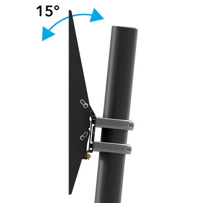 Side view of the TV mount, with arrows demonstrating the 15 degrees of screen tilt