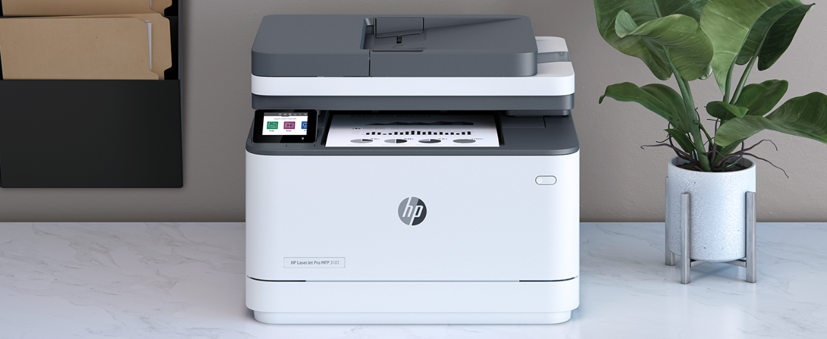 An HP LaserJet Pro MFP 3101 printer outputting a document on a marble desk.