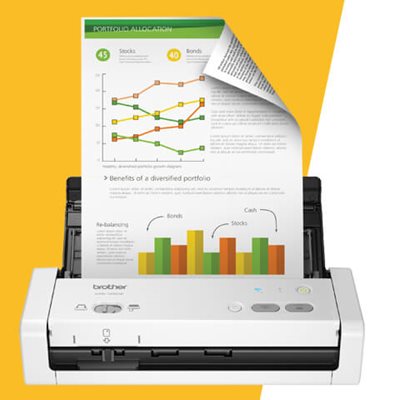 Scanner scanning a two-sided document, shown over a yellow background