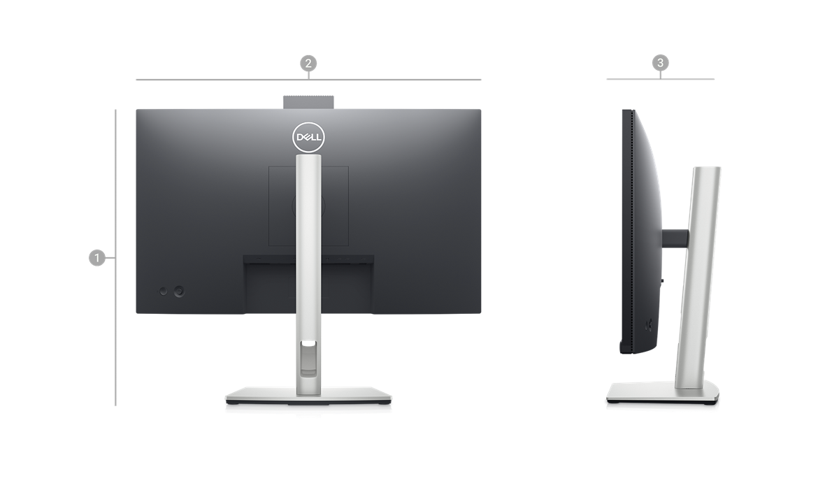 Bild des Dell C2423H Videokonferenzmonitors mit sichtbarer Rückseite und Zahlen, die die Produktabmessungen und das Gewicht anzeigen.