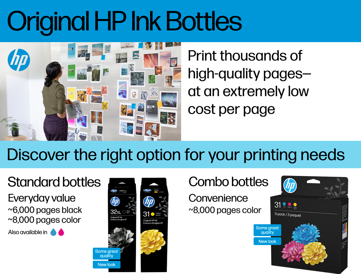 Promotional image for Original HP Ink Bottles. The image is divided into three sections. The top section features a person standing next to a wall covered with various printed photographs and the text 'Original HP Ink Bottles' and 'Print thousands of high-quality pages at an extremely low cost per page.' The middle section has a blue background with the text 'Discover the right option for your printing needs.' The bottom section is split into two parts: the left part shows 'Standard bottles' with a description 'Everyday value ~6,000 pages black, ~8,000 pages color' and images of black and yellow ink bottles. The text also mentions 'Also available in cyan and magenta.' The right part shows 'Combo bottles' with a description 'Convenience ~8,000 pages color' and images of a pack containing cyan, magenta, and yellow ink bottles.