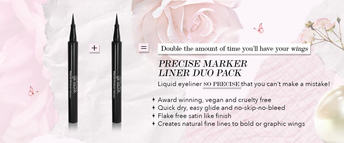 Double the amount of time you'll have your wings. PRECISE MARKER LINER DUO PACK. Liquid eyeliner SO PRECISE that you can't make a mistake! * Award winning, vegan and cruelty free; * Quick dry, easy glide and no-skip-no-bleed; * Flake free satin like finish; * Creates natural fine lines to bold or graphic wings.