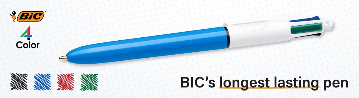 BIC 4-Color Retractable Ballpoint Pen, Assorted Ink, Blue Barrel, 1mm, Medium MM11